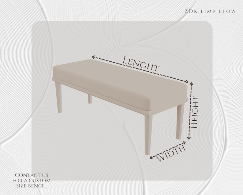 Puede incluir: Un banco tapizado beige con cuatro patas. La imagen incluye etiquetas para la longitud, la altura y el ancho. Tambi&eacute;n es visible el texto "CONT&Aacute;CTENOS PARA UN BANCO DE TAMA&Ntilde;O PERSONALIZADO". El nombre de la marca "ZDKILIMPILLOW" est&aacute; en la esquina superior derecha.