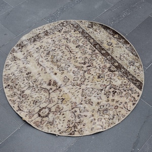 Beige Circle rug, Ethnic rug, Turkish rug, Round rug, Handmade rug, 3.2 x 3.2 Ft Small rug, Bathroom Area rug, Oushak rug, Boho rug, Zd8186