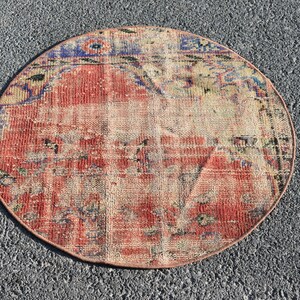 Faded orange rug, Circle rug, Ethnic rug, Turkish rug, Round rug, Handmade rug, 2.7 x 2.7 Ft Small rug, Bathroom Area rug, Boho rug, Zd3749