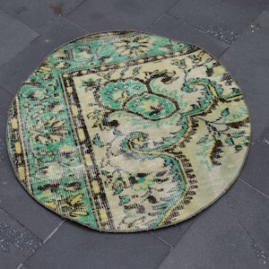 Turkish rug, Vintage rug, Round rug, Orange Doormat rug, 2.7 x 2.7 Ft Circle rug, Small Area rug, Oushak rug, Bathroom Decor, Bathmat Zd8193