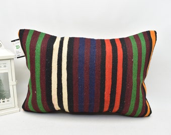 ストライプ柄クッションカバー、16 x 24 インチ (40 x 60 cm) 赤 緑 白