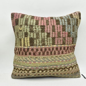 Copertura del cuscino cecim turco, cuscino kilim di lana geometrica, cuscino di arredamento etnico, cuscino fatto a mano, copertura del cuscino di arredamento Boho 14 x 14, codice 2265