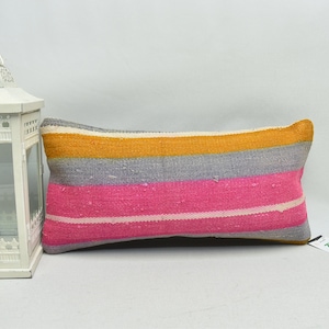 decorative kilim pillow / striped pillow / sofa pillow / 10x20 lumbar pillow / handmade wool pillow / boho decor / cushion cover / code 2375