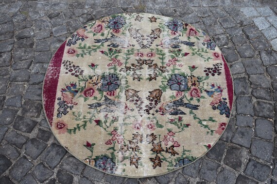3.3 x 3.3 Ft Boho Rug, Vintage Rug, Round Rug FREE SHIPPING Doormat Rug, Circle Rug, Turkish Rug, Small Area Rug , Floral Rug Zd2173
