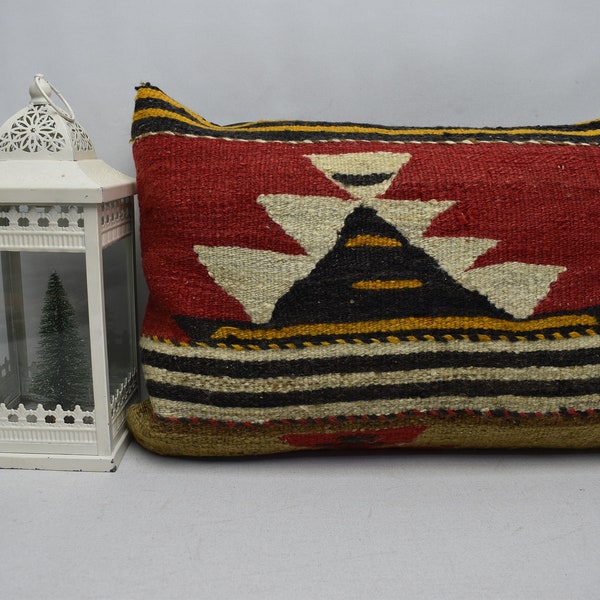 turkish striped kilim pillow / organic wool pillow / home decor 16x24 / anatolian kilim pillow / interior pillow / cushion cover code 4324
