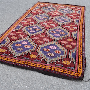 Oversize kilim rug, Turkish rug, Vintage handmade rug, Bohemian rug, Diningroom rug, Oriental kilim rug, Red and blue rug 5.9 x 10 ft zd3099