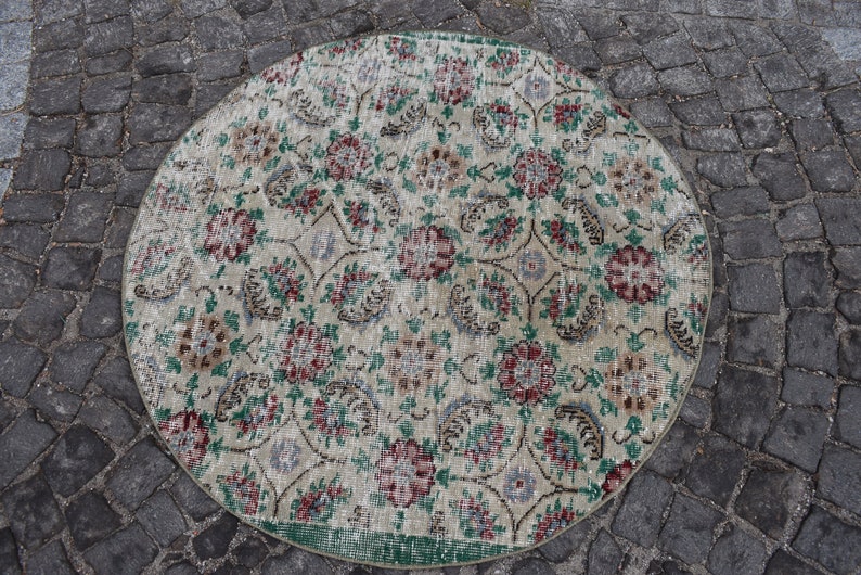 Bathroom Rug, Turkish Rug, Vintage Rug, Small Round Rug, Ethnic Rug