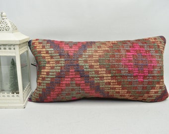 Oosters kilim kussen, speciaal design kussen, etnisch kussen, Turks kussen, lumbaal kussen, accentkussen, 12x24 kussensloop, code 4357