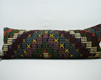 Turkish Rug pillow, Lumbar pillow, Decorative pillow, Handmade wool kilim pillow, Boho Decor pillow, Cushion, 12x36 pillow cover, Code 1830
