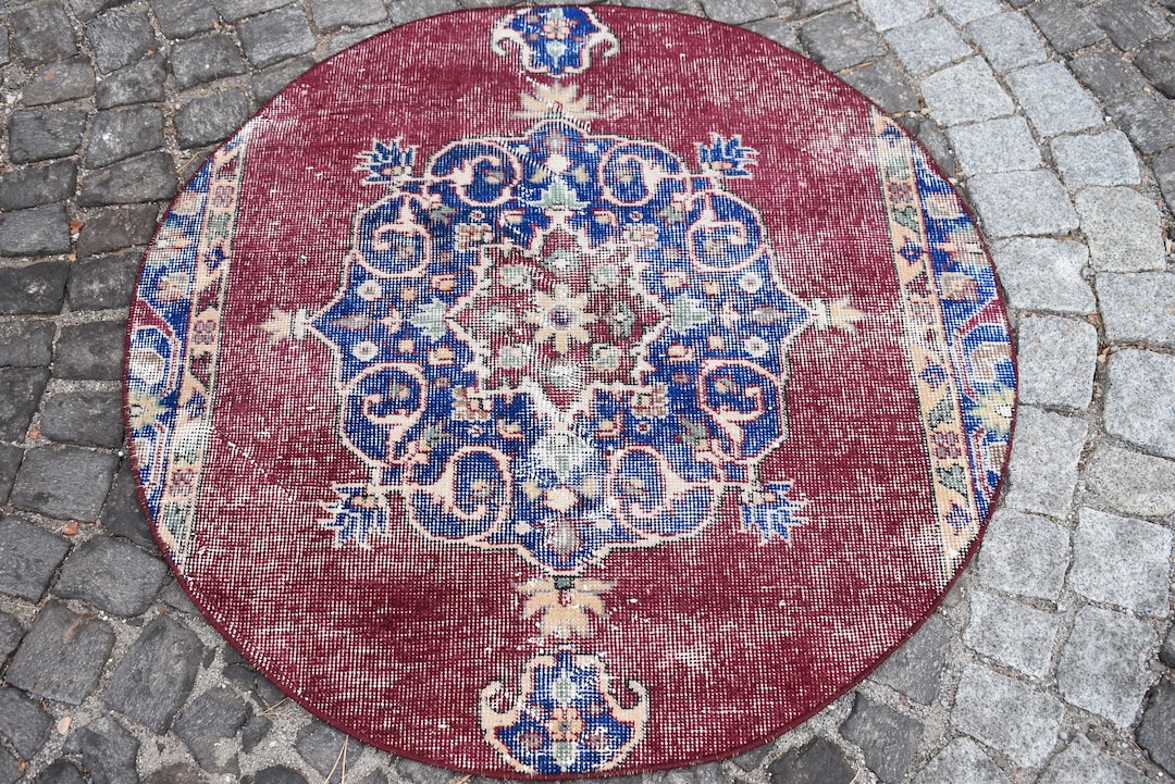 3.3 X 3.3 Ft Red Vintage Rug Round Rug Ethnic Rug FREE Etsy
