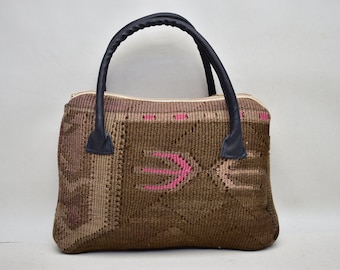 rare handmade kilim bag , boho bag , wool and leather handmade kilim bag 10x14" bag , ethnic bags , unique bag , hand bag , handmade bag 37