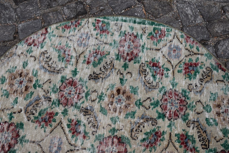 Bathroom Rug, Turkish Rug, Vintage Rug, Small Round Rug, Ethnic Rug