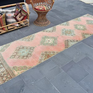 Turkish runner rug, Decorative Vintage rug, Handmade Area rug, Oushak rug, 2.9 x 11.2 ft, Hallway rug, Organic Wool rug, Carpet, ZD7366