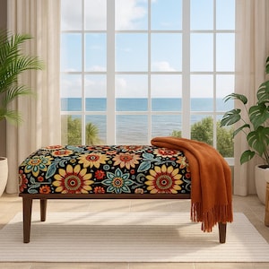 Flowers desing ottoman bench, Decorative bench, Turkish bench, Bedroom bench, Bedroom ottoman bench, Turkish rug bench, Boho bench,