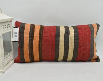 striped kilim pillow / throw pillow / 10x20 handmade kilim pillow / turkish pillow / decorative pillow / natural pillow cover / code 1884