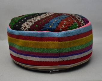 Pet cushion, Anatolian kilim pouf, Moroccan pouf, Ottoman pouffe, Patio decor pouf, 20x20x10 inches Vintage pouf, Garden decor, code 599
