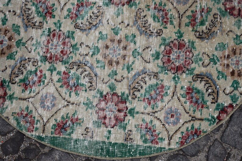 Bathroom Rug, Turkish Rug, Vintage Rug, Small Round Rug, Ethnic Rug