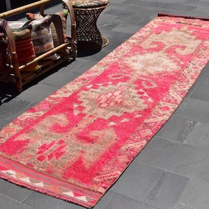 Roze Turks tapijt, loper tapijt, vintage tapijt, handgemaakt tapijt 3,1 x 11,4 voet, Herki-tapijt, tapijt bruiloftsdecor, Oushak-tapijt, decoratief tapijt, ZDA0899