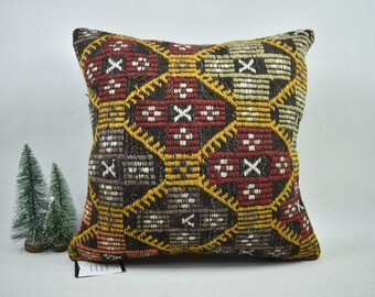 striped kilim pillow / bohemian pillow cover / 18x18 coastal pillow / throw pillow / orange kilim pillow / antique kilim pillow / code 6274