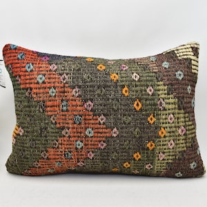 Geometric design kilim pillow, Handwoven kilim pillow case, Lumbar kilim pillow, Throw pillow, 16x24 bohemian kilim pillow cover, code 3446