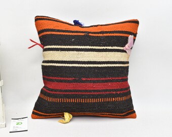Striped anatolian wool kilim pillow, Corner pillow cover, Casual kilim pillow, Home decor, Decorative pillow, 14 x 14 pillow cover code 2339