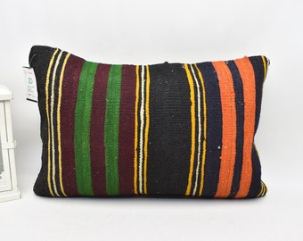 Anatolian kilim pillow case, Striped kilim pillow, Boho decor pillow, Moroccan pillow, Gift pillow, 16x24 kilim cushion cover, code 3023