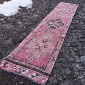 Roze tapijt, Herki tapijt, Vintage tapijt, Handgemaakt tapijt, Turks tapijt, 2.6 x 13.3 Ft, Runner tapijt, Gang tapijt, Nursery tapijt, Boho decor tapijt, Zd2735