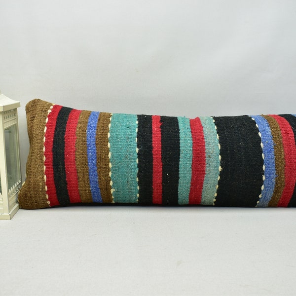 Authentic kilim pillow cover, Organic wool pillow, Lumbar kilim pillow, Striped pillow, Decorative pillow, 12x36 pillow cover, code 2261