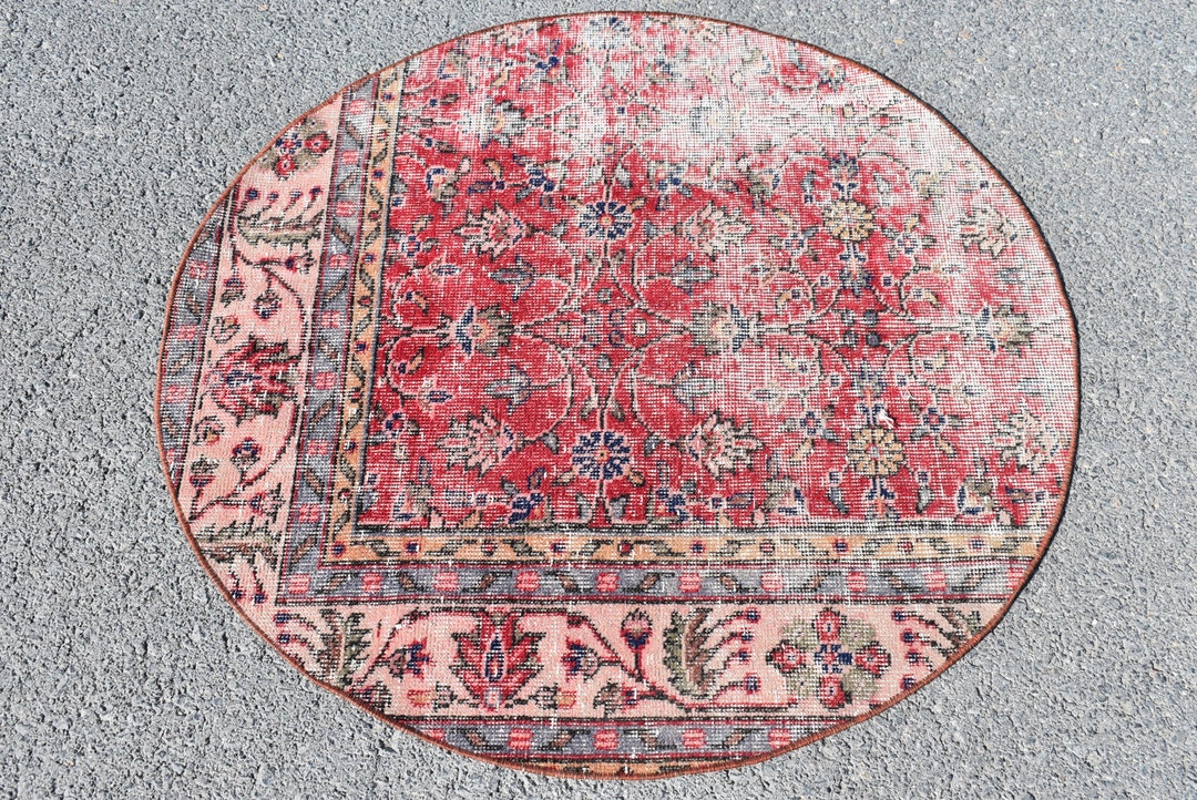 Red Circle Rug, Ethnic Rug, Turkish Rug, Round Rug, Handmade Rug, 3.3 X