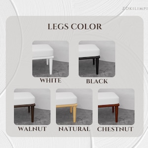 Puede incluir: Imagen que muestra un banco tapizado blanco con patas en cinco colores diferentes: blanco, negro, nogal, natural y casta&ntilde;o. El texto "LEGS COLOR" est&aacute; en la parte superior, con la marca "ZDKILIMPILLOW" en la esquina superior derecha.