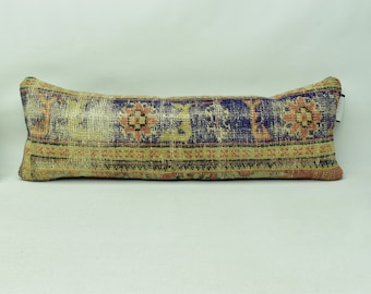 Ottoman rug pillow, Lumbar rug pillow, Boho decor pillow, Handwoven wool rug pillow, Turkish rug sofa pillow, 12x36 Pillow cover, code 2063