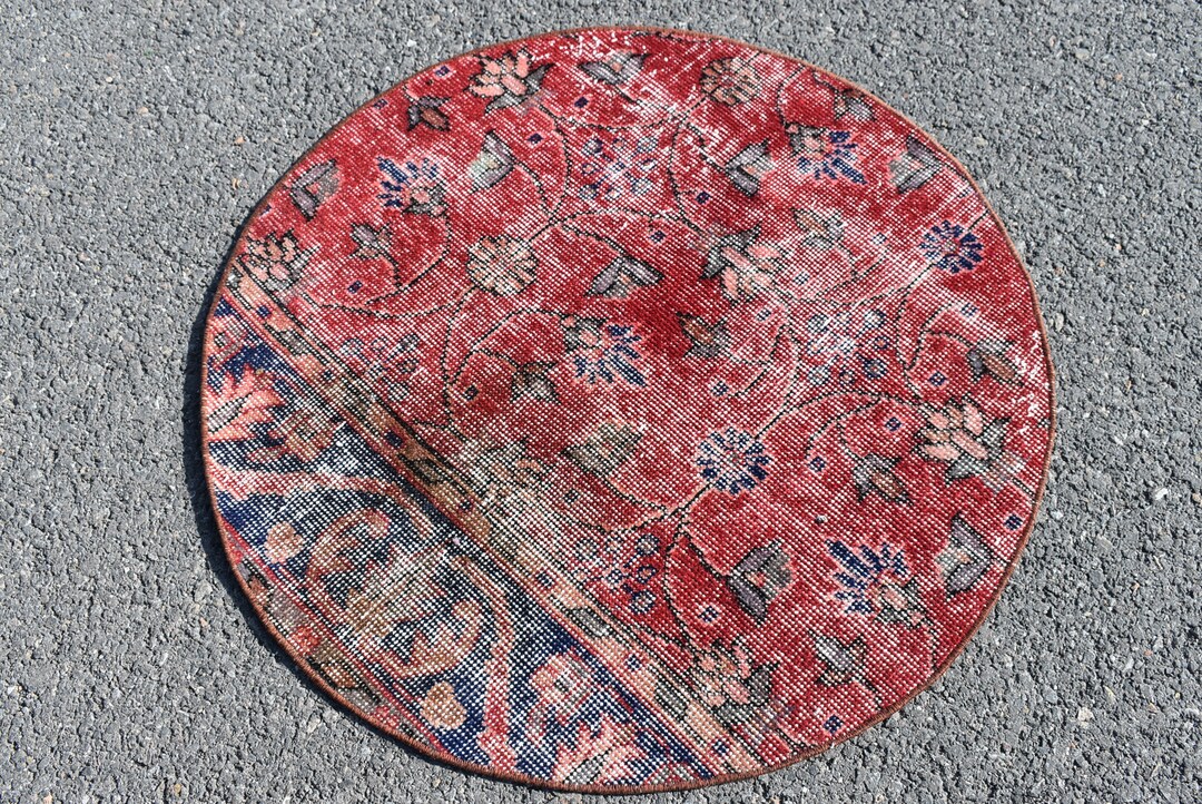 Red Circle Rug, Ethnic Rug, Turkish Rug, Round Rug, Handmade Rug, 2.7 X