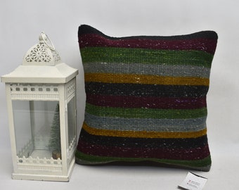 turkish kilim pillow / handmade pillow / home decor pillow / striped cushion / throw pillow / eclectic pillow 16x16 pillow cover / code 9057