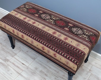 Banco otomano, Banco de dormitorio, Banco marrón, Banco otomano de dormitorio, Banco de alfombra turca, Banco bohemio, Banco oriental, Banco kilim