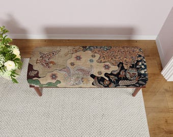 Banco de dormitorio, banco otomano, banco oriental, banco turco, banco otomano de dormitorio, banco con alfombra turca, banco bohemio, banco con alfombra estampada,