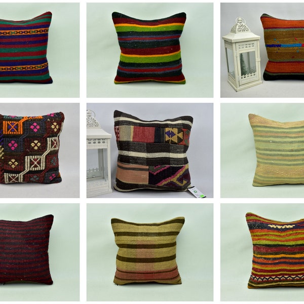 Anatolian kilim pillows, Handwoven kilim pillow, Bedding pillow, Throw pillow, Decorative wool kilim pillow, 16x16 Pillow cover, SET B