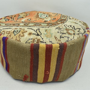Garden decor, Pet cushion, Anatolian kilim pouf, Moroccan pouf, Ottoman pouffe, Patio decor pouf, 20x20x10 inches Vintage pouf, code 458