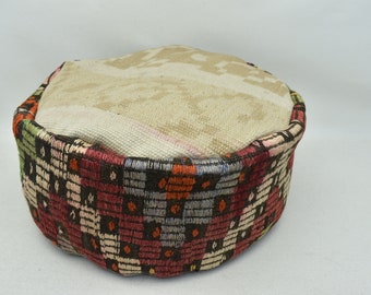 Vintage pouf, Home decor Kilim pouff, Ottoman pouf, Floor pillow cover, Decorative Bohemian pouffe, 20x20x10 inches Handmade pouf, code 398