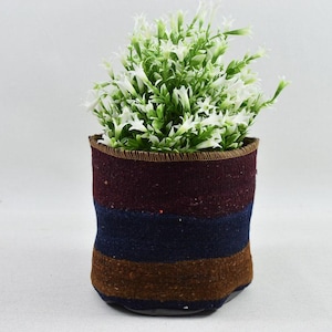 May include: A striped fabric planter with a burgundy, navy blue, and brown color scheme. The planter is filled with a white flowering plant.