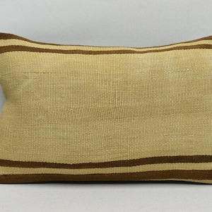 May include: A beige and brown striped throw pillow with a woven texture. The pillow is rectangular and has a brown border.