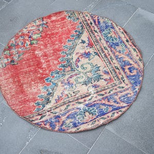 Turkish rug, Vintage rug, Round rug, Doormat rug, 3.2 x 3.2 Ft Circle rug, Boho rug, Small Area rug, Oushak rug, Blue Handmade rug, Zd8298