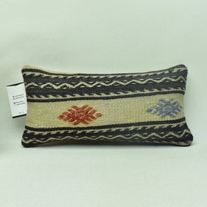 May include: A rectangular pillow with a beige background and black and white geometric patterns. The pillow has red and blue embroidered designs.