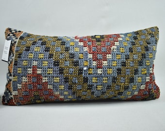 patio decor kilim pillow / handmade kilim pillow / ethnic kilim pillow / vintage lumbar kilim pillow / 12x24 kilim pillow cover / code 5082