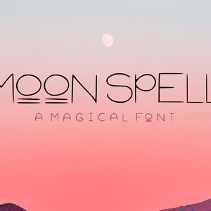 Może przedstawiać: Grafika przedstawiająca projekt czcionki o nazwie "Moon Spell", magicznej czcionki. Tekst jest czarny na tle różowo-niebieskiego gradientu.