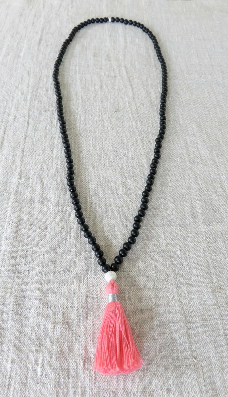 Mala Necklace Yogi Gifts Hand Knotted Necklace Pink Tassel Necklace Yoga Jewelry Black Beaded Jewelry Meditations Gifts for Her