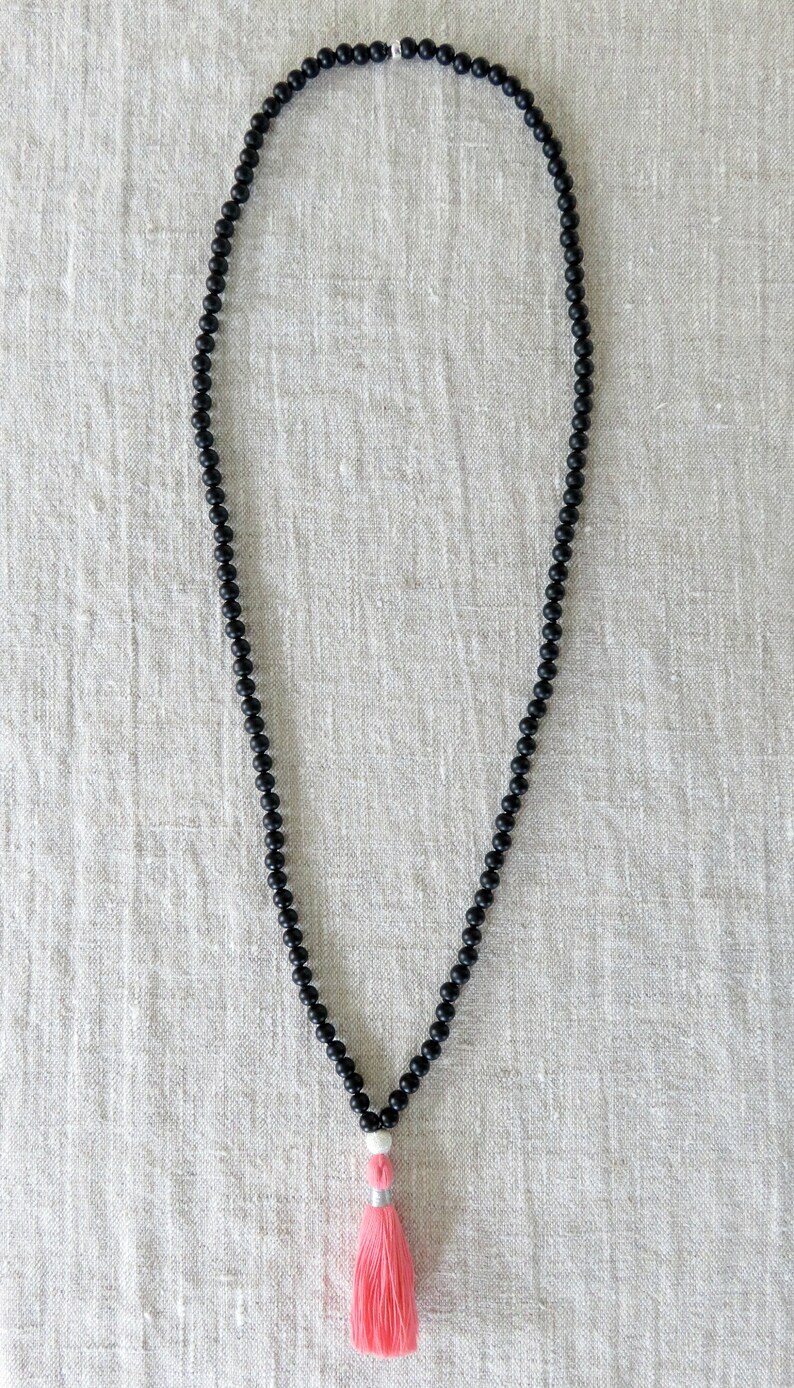 Mala Necklace Yogi Gifts Hand Knotted Necklace Pink Tassel Necklace Yoga Jewelry Black Beaded Jewelry Meditations Gifts for Her