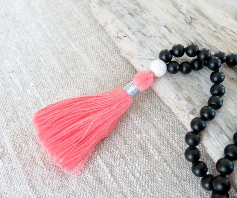 Mala Necklace Yogi Gifts Hand Knotted Necklace Pink Tassel Necklace Yoga Jewelry Black Beaded Jewelry Meditations Gifts for Her