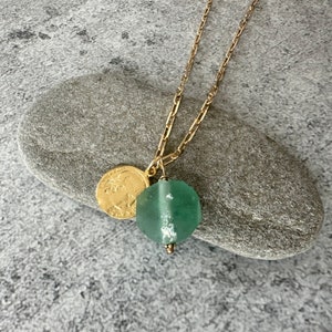 Gold Coin Necklace, Glass Pendant, Paperclip Chain Necklace, Ancient Jewelry, Historical Gifts, Unique Gifts for Women, Charm Necklace