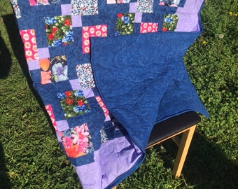 Handmade Floral Quilt, Custom Quilt for Her, Floral Nine Patch, Throw Size Quilt, Flower Blanket, Blanket, Custom Blanket, Gift for Her