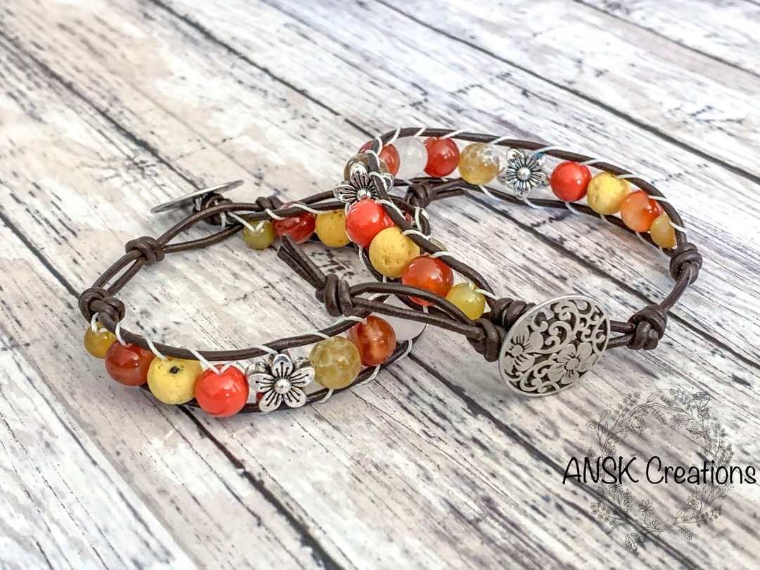 Orange and Yellow Flower Bracelet, Sunflower Essential Oil Bracelet, Gift for Her, Summer Time ...